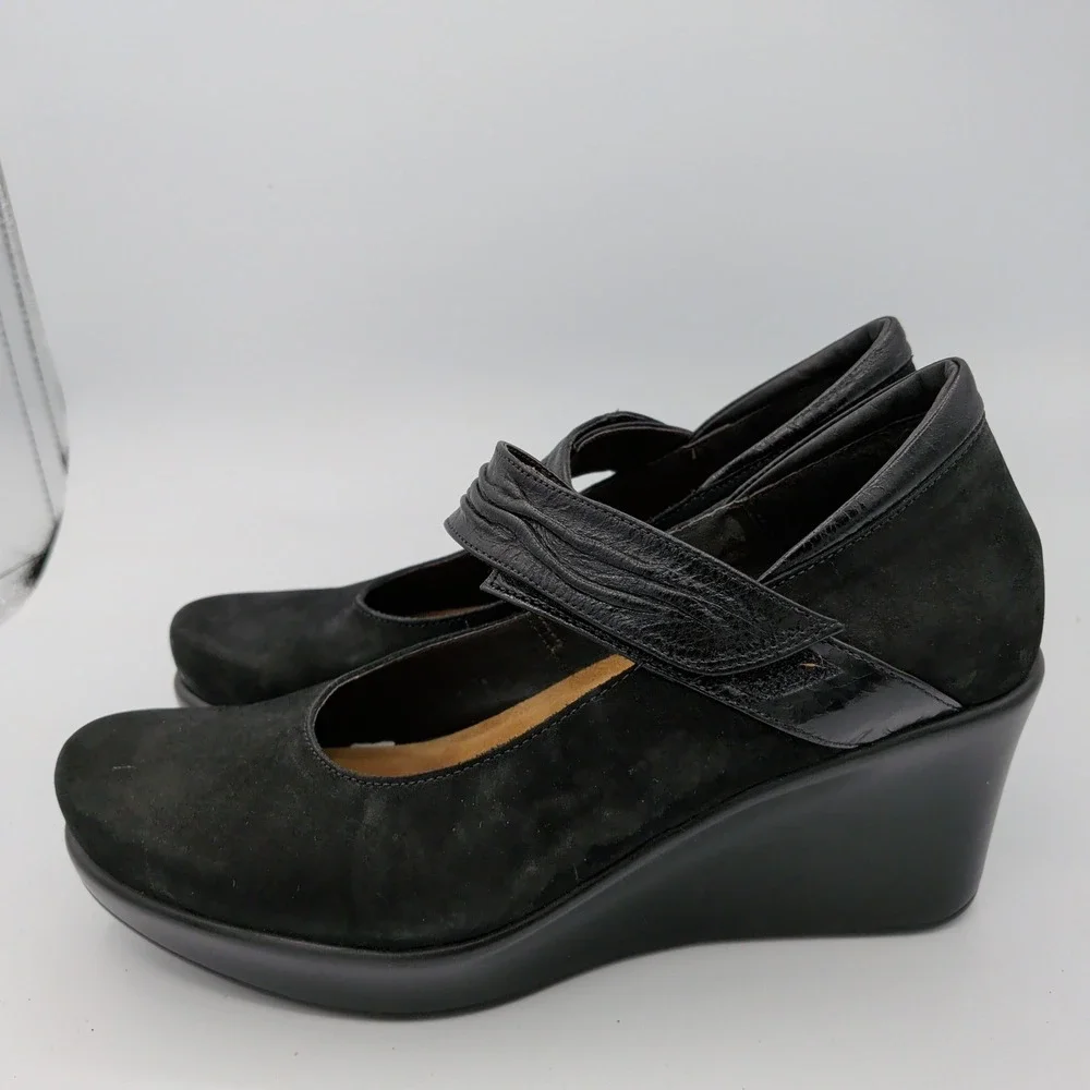 Naot Black Suede Leather Mary Jane Wedge Shoes Womens 38 7 Comfort Casual Office
